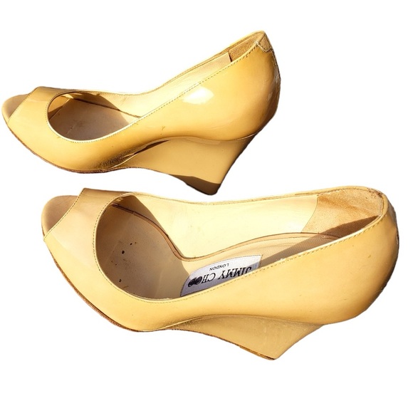 Jimmy Choo Nude Patent Leather Wedge with Open Toe sz 6 - Picture 2 of 7
